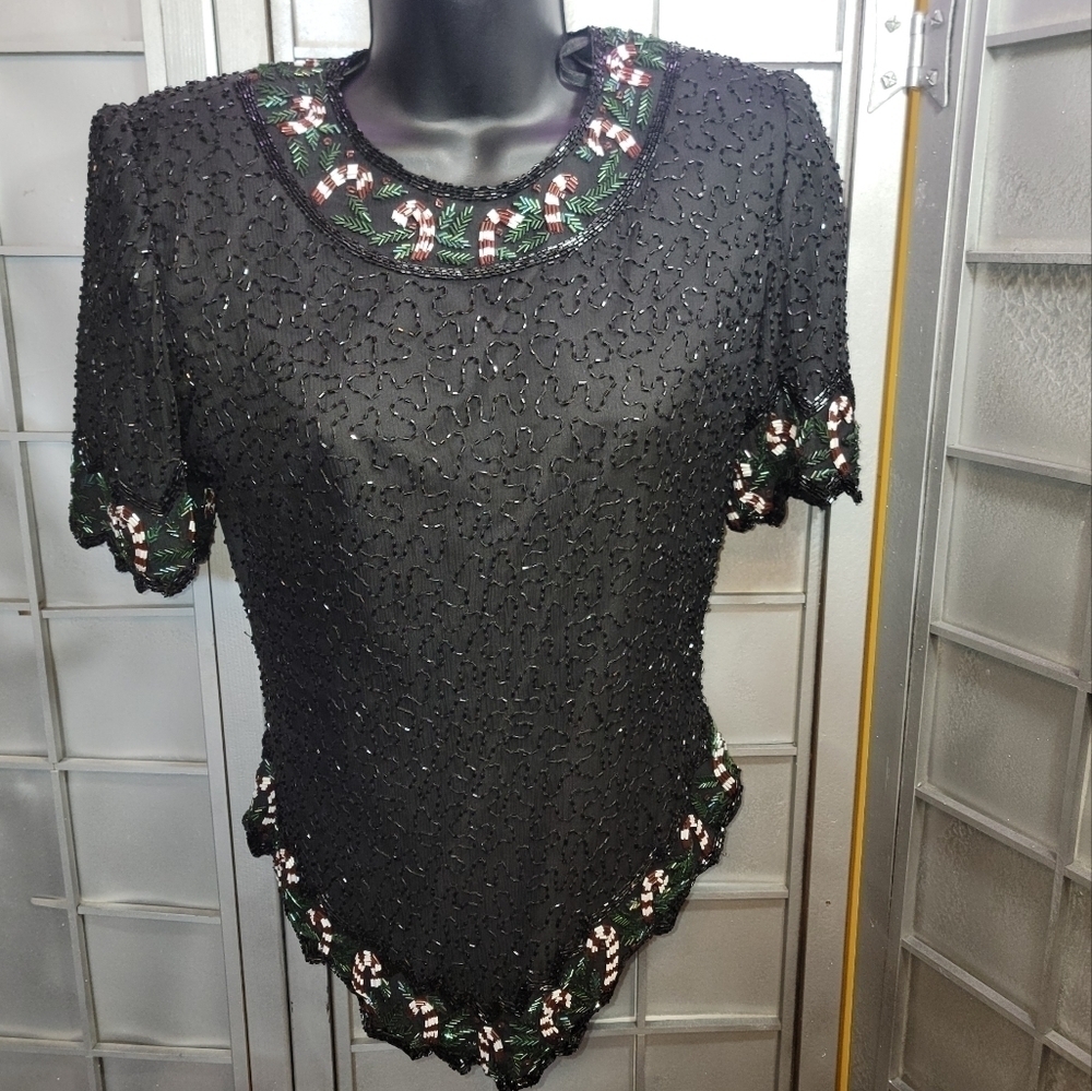 Laurence Kazar new York 100% silk shell. Petite medium. Black with candy canes